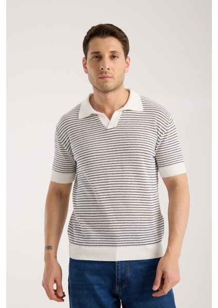 Erkek Polo Yaka Links Örgü Dokulu Beyaz Kısa Kollu Triko Tişört modelleri