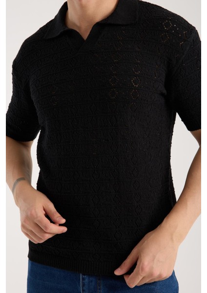 Erkek Polo Yaka Geometrik Desen Dokulu Siyah Kısa Kollu Triko Tişört
