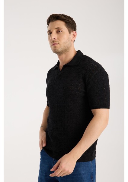 Erkek Polo Yaka Geometrik Desen Dokulu Siyah Kısa Kollu Triko Tişört fiyatları