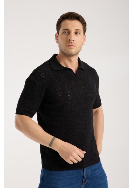 Erkek Polo Yaka Geometrik Desen Dokulu Siyah Kısa Kollu Triko Tişört fırsatları