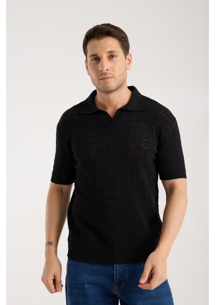 Erkek Polo Yaka Geometrik Desen Dokulu Siyah Kısa Kollu Triko Tişört indirimleri