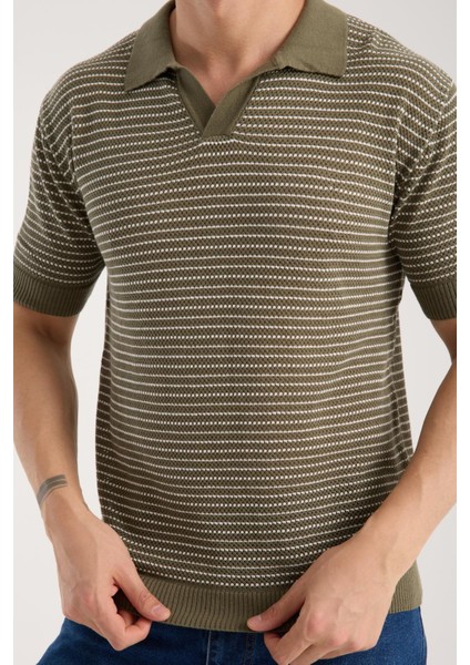 Erkek Polo Yaka Links Örgü Dokulu Yeşil Kısa Kollu Triko Tişört