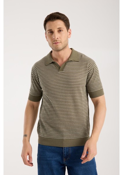 Erkek Polo Yaka Links Örgü Dokulu Yeşil Kısa Kollu Triko Tişört fiyatları