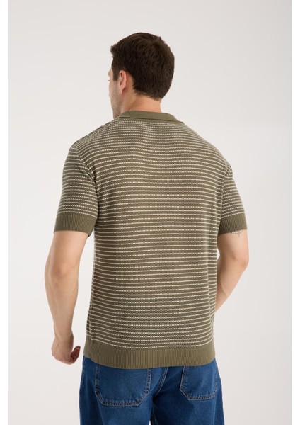 Erkek Polo Yaka Links Örgü Dokulu Yeşil Kısa Kollu Triko Tişört indirimleri