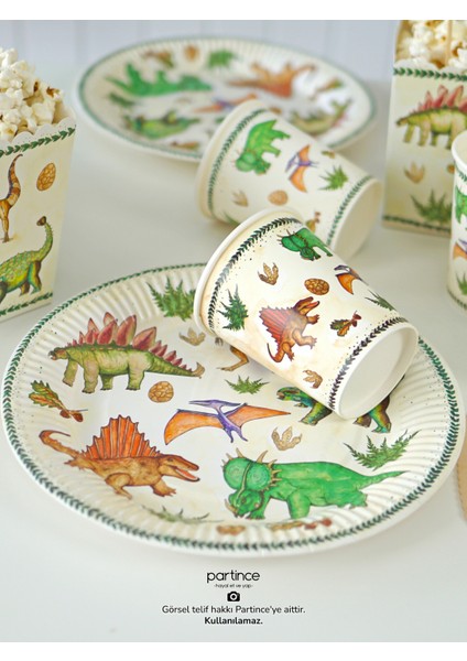 8 Kişilik Dinozor Tema Kullan At Karton Popcorn Mısır Kutusu- Tabak-Bardak-Çatal Kaşık Bıçak Parti Seti