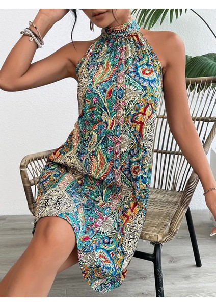 Kadın Sıfır Kol Boyundan Askılı Desenli Midi Süprem Elbise