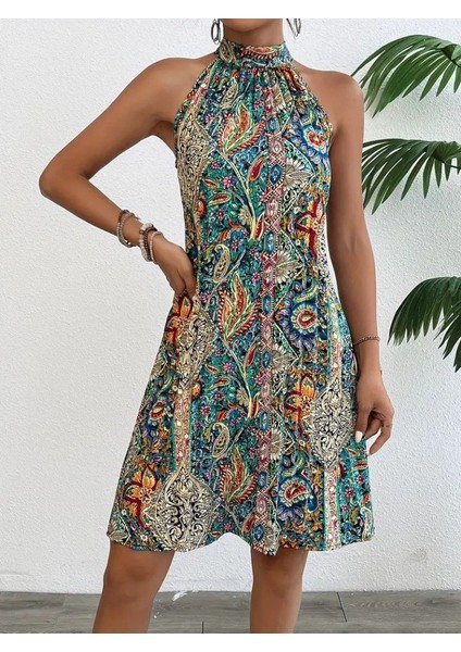 Kadın Sıfır Kol Boyundan Askılı Desenli Midi Süprem Elbise modelleri