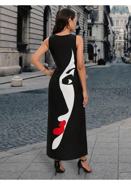 Kadın Sıfır Kol V Yakalı Kadın Yüz Desenli Süprem Elbise fırsatları