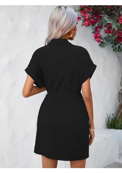 Kadın Kısa Kollu Yakalı Yandan Bağlamalı Dokuma Elbise indirimleri