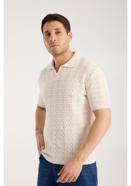 Erkek Polo Yaka Geometrik Desen Dokulu Krem Kısa Kollu Triko Tişört fiyatları
