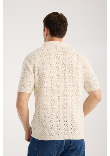 Erkek Polo Yaka Geometrik Desen Dokulu Krem Kısa Kollu Triko Tişört indirimleri