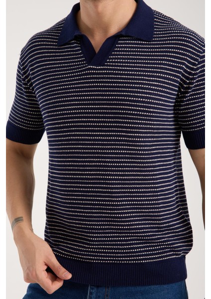 Erkek Polo Yaka Links Örgü Dokulu Lacivert Kısa Kollu Triko Tişört