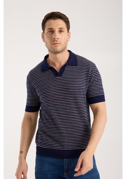 Erkek Polo Yaka Links Örgü Dokulu Lacivert Kısa Kollu Triko Tişört fiyatları