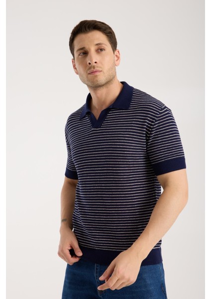 Erkek Polo Yaka Links Örgü Dokulu Lacivert Kısa Kollu Triko Tişört modelleri