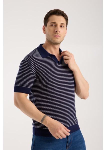 Erkek Polo Yaka Links Örgü Dokulu Lacivert Kısa Kollu Triko Tişört fırsatları