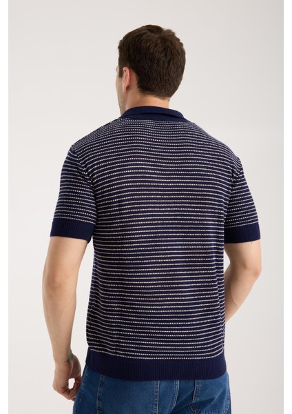 Erkek Polo Yaka Links Örgü Dokulu Lacivert Kısa Kollu Triko Tişört indirimleri