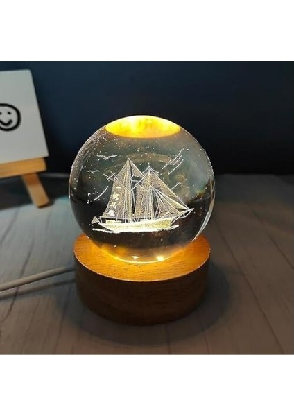 Dekoratif Gemi Tasarımlı Ahşap Altlıklı Işıklı Cam Küre Cam:6cm Ahşap:2cm