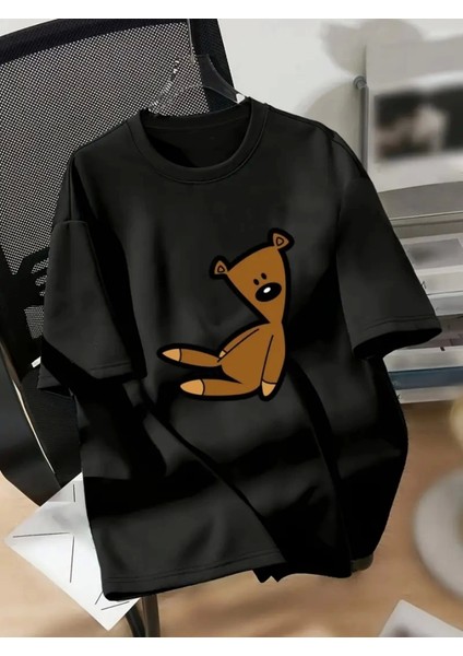 Baskılı Oversize Bisiklet Yaka T-Shirt - Siyah