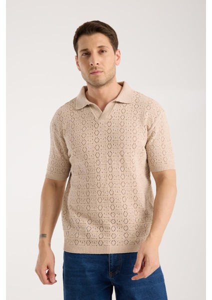 Erkek Polo Yaka Geometrik Desen Dokulu Bej Kısa Kollu Triko Tişört fiyatları