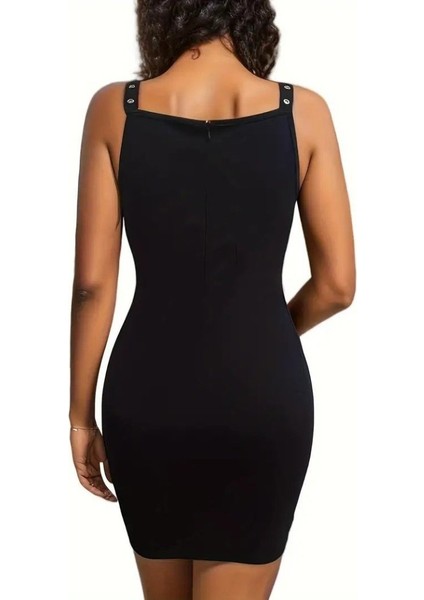 Kadın Askılı Derin V Yakalı Kuş Gözü Detaylı Janjan Krep Elbise fiyatları