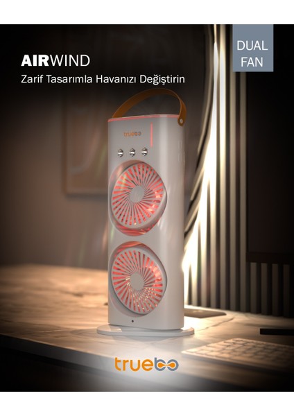 AirWind - Masaüstü Buhar Püskürtmeli Taşınabilir Şarjlı Led Işıklı Çift Fanlı Vantilatör