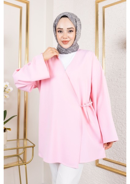 Kadın V Yaka Geniş Kollu Yandan Bağlamalı Atlas Kumaş Uzun Yazlık Tesettür Kimono Tunik Pembe