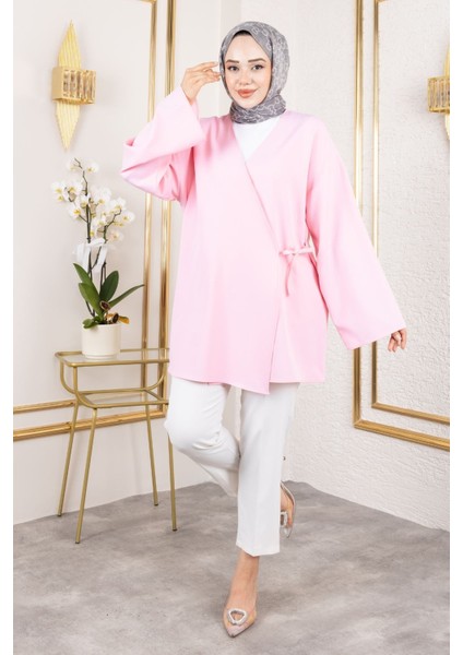 Kadın V Yaka Geniş Kollu Yandan Bağlamalı Atlas Kumaş Uzun Yazlık Tesettür Kimono Tunik Pembe fiyatları