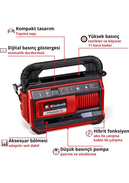 PRESSITO 18/25 Power X-Change Hibrit Kompresör (18 V, Güç Kablosu veya Akü ile Çalışır, Maks. 11 bar, 4-parçalı Adaptör Seti ve 2 Hortum dahil, Akü dahil değildir) - 4020430 fiyatları