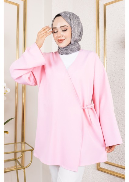 Kadın V Yaka Geniş Kollu Yandan Bağlamalı Atlas Kumaş Uzun Yazlık Tesettür Kimono Tunik Pembe modelleri
