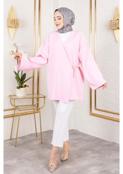 Kadın V Yaka Geniş Kollu Yandan Bağlamalı Atlas Kumaş Uzun Yazlık Tesettür Kimono Tunik Pembe fırsatları