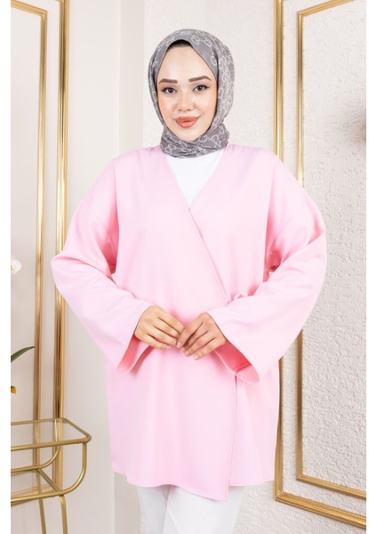 Kadın V Yaka Geniş Kollu Yandan Bağlamalı Atlas Kumaş Uzun Yazlık Tesettür Kimono Tunik Pembe indirimleri