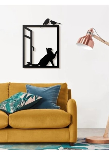 1,5 mm Metal Lazer Kesim Tablo, Metal Duvar Dekoru Kedi Kus 25 x 35 cm