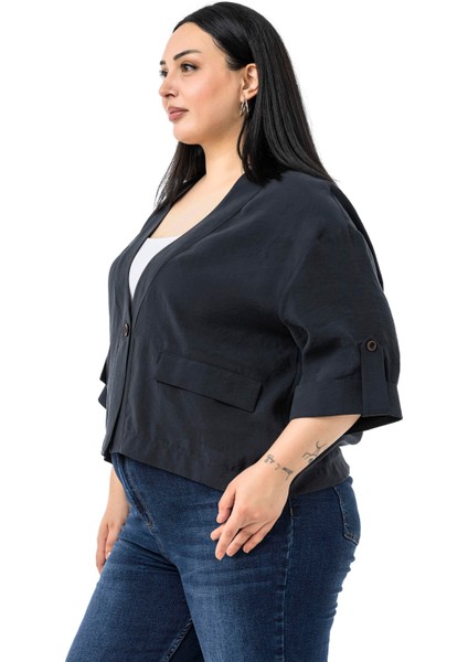 Büyük Beden Tek Düğmeli Düşük Yarım Kollu Apoletli Cepli Kısa Siyah Ceket indirimleri