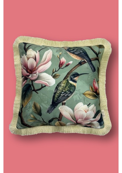 Krem Püsküllü, Hummingbird Desen Dekoratif 43X43CM Kare Kırlent Kılıfı