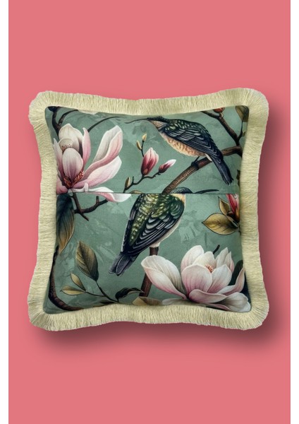 Krem Püsküllü, Hummingbird Desen Dekoratif 43X43CM Kare Kırlent Kılıfı fiyatları