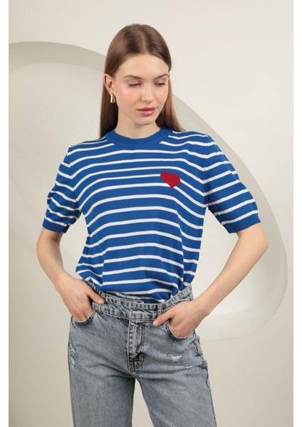 Triko Çizgili Kalp Desenli Kadın Kısa Kol Lacivert Bluz Lacivert - Standart