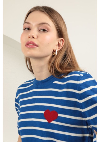 Triko Çizgili Kalp Desenli Kadın Kısa Kol Lacivert Bluz Lacivert - Standart fiyatları