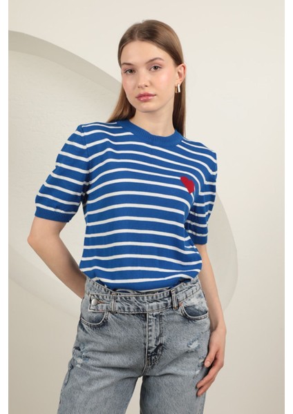 Triko Çizgili Kalp Desenli Kadın Kısa Kol Lacivert Bluz Lacivert - Standart modelleri