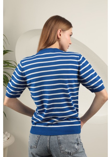 Triko Çizgili Kalp Desenli Kadın Kısa Kol Lacivert Bluz Lacivert - Standart fırsatları