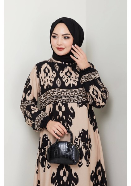 Renkli Desenli Viskon Elbise - Siyah Bej/ E0122 fırsatları