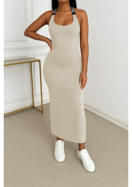 Kadın Yuvarlak Yaka Sırttan Çapraz Şerit Love Detaylı Yırtmaçlı Viskon Elbise fırsatları