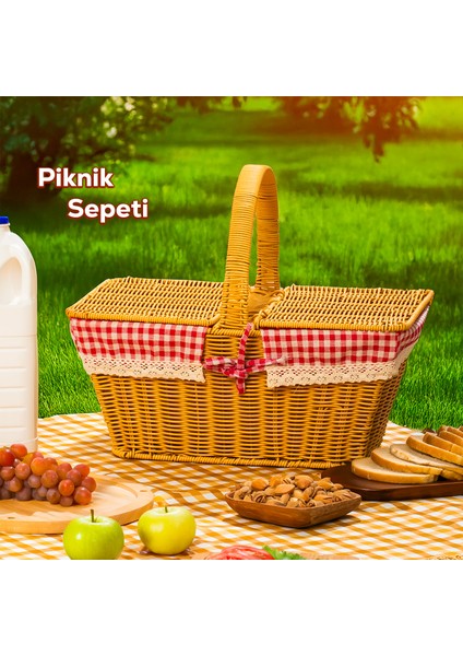 2079 Dökdörtgen Hasır Görünümlü Piknik Sepeti Piknik Çantası 42X37CM fiyatları
