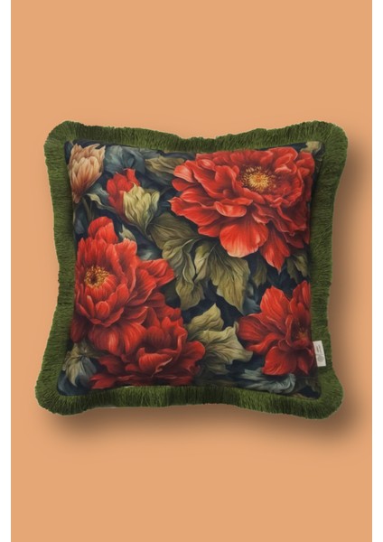 Yeşil Püsküllü, Kırmızı Çiçek Desen Dekoratif 43X43CM Kare Kırlent Kılıfı