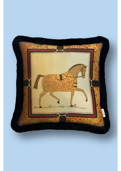 Siyah Püsküllü, Sarı At Desen Dekoratif 43X43CM Kare Kırlent Kılıfı