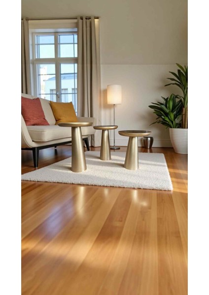 Ahşap Mantar Yan Sehpa Seti – 3’lü Altın Varak Renk Sehpa Takımı -Wooden Coffee Table