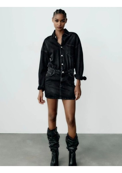 Zara Uzun Kollu Mini Denim Elbise ABZRA0038