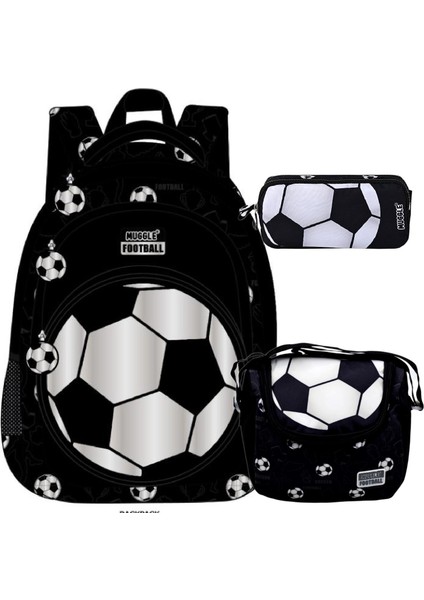 3 Bölmeli Silver Football Okul Çantası + Beslenme Çantası + Kalemlik Siyah 3 Lü Set