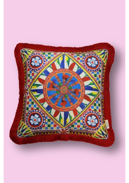 Kırmızı Püsküllü, Milano 5 Desen Dekoratif 43X43CM Kare Kırlent Kılıfı
