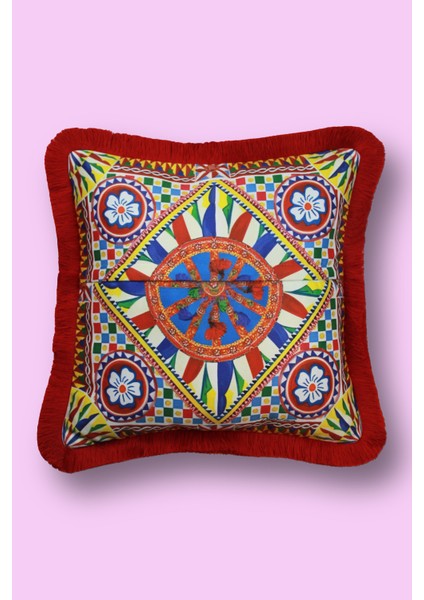 Kırmızı Püsküllü, Milano 5 Desen Dekoratif 43X43CM Kare Kırlent Kılıfı fiyatları
