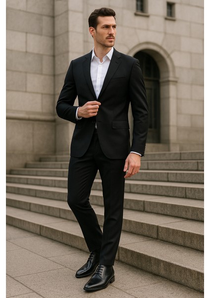 Alfa %100 Deri Siyah Damatlık Erkek Ayakkabı 7 cm Gizli Topuklu Boy Uzatan (El Yapımı)